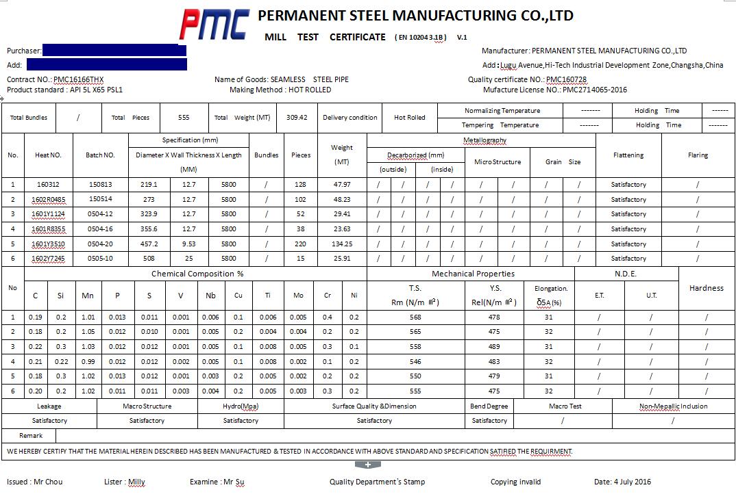 API 5L PSL1 X65 Seamless Steel Pipe