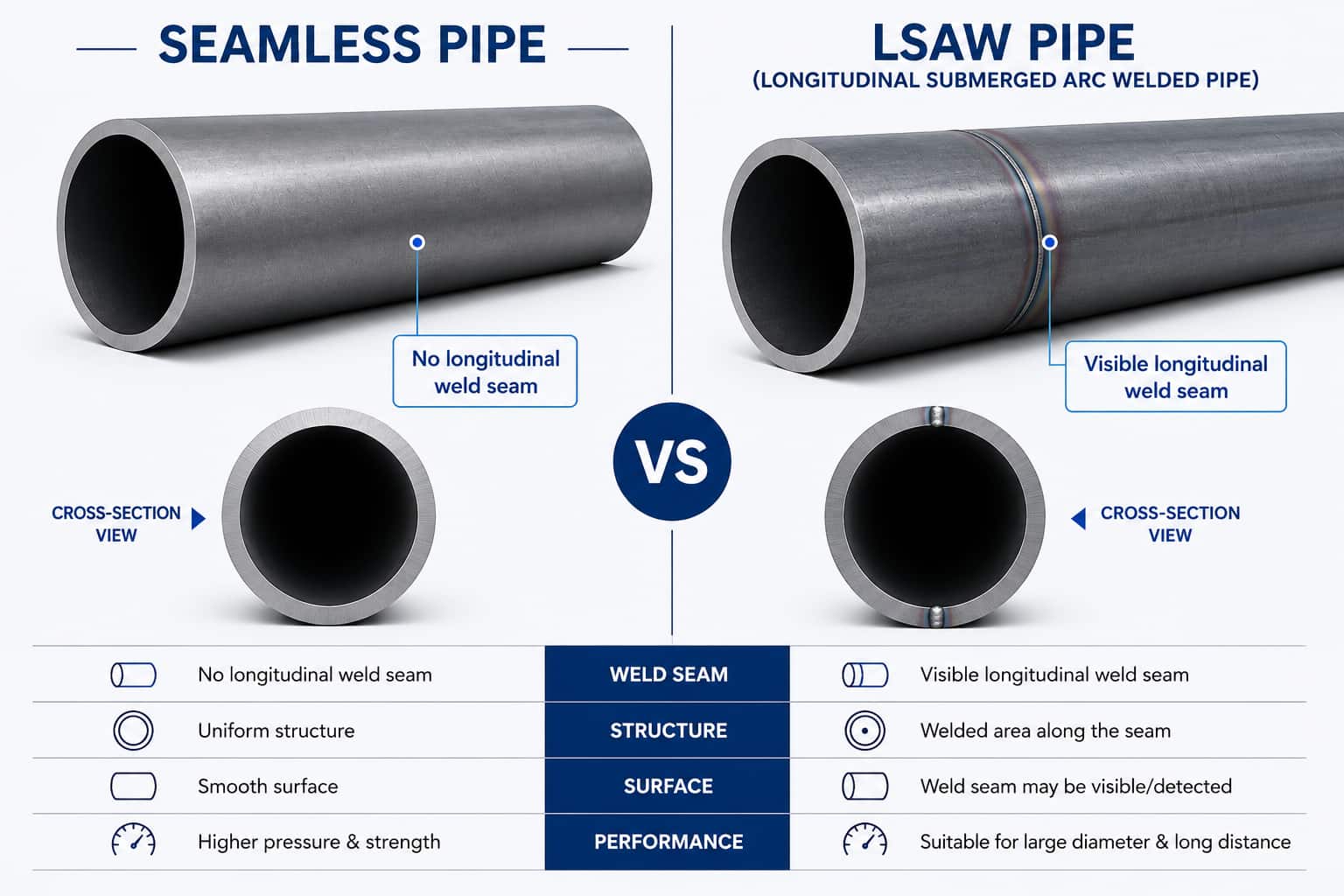 Seamless Pipe vs LSAW Pipe: weld seam and cross-section comparison Seamless Pipe vs LSAW Pipe: weld seam and cross-section comparison