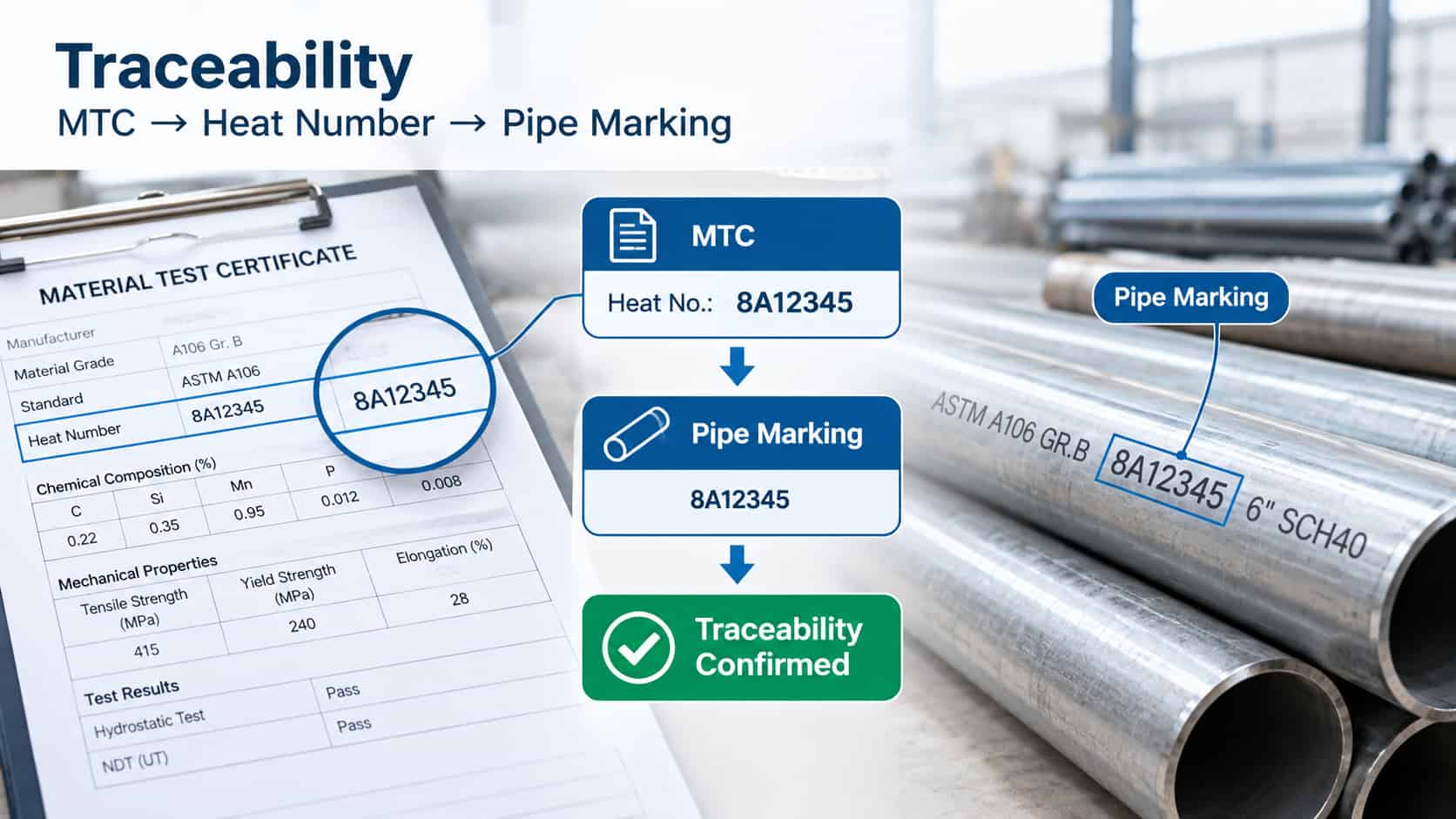 Steel pipe MTC traceability: heat number and pipe marking